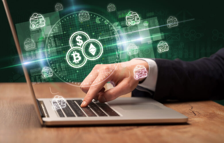 Business,Hand,Working,In,Stock,Market,With,Cryptocurrencies,Icons,Coming